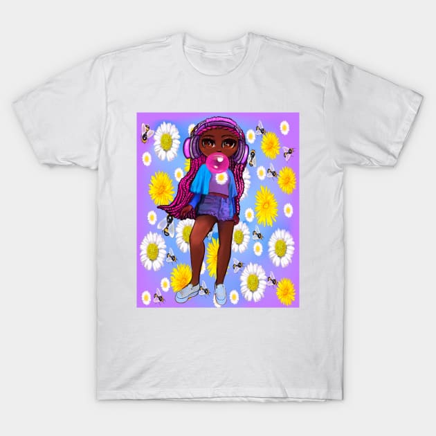 Beautiful Brown skin African American girl with Afro hair in 4 puffs blowing bubblegum and wearing headphones listening to music. Black girls rock, black girl magic,melanin poppin queen anime girl drawn in manga style T-Shirt by Artonmytee